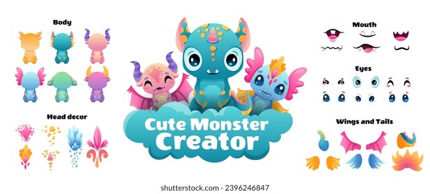 Create your Monster and collect cute aliens and funny creatures. Cartoon character creation kit with all elements and body parts. Vector children illustration