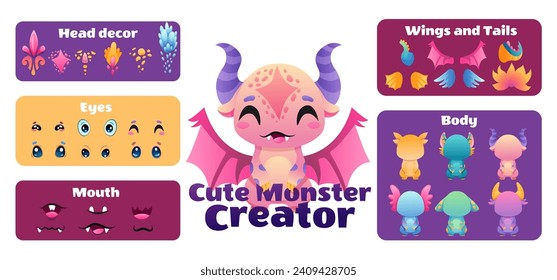 Create your Monster and collect cute aliens and funny creatures. Cartoon character creation kit with all elements and body parts. Vector children illustration