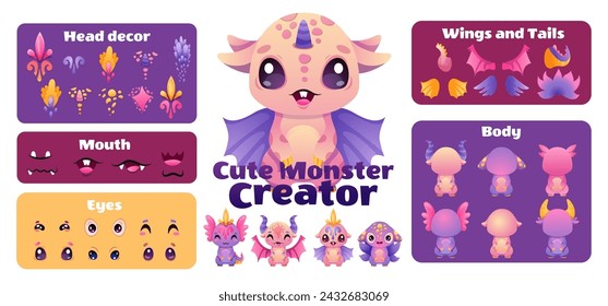 Create your Monster and collect cute aliens and funny creatures. Cartoon character creation kit with all elements and body parts. Vector children illustration