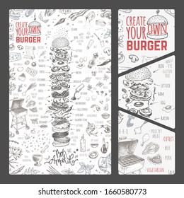 Create your own Burger menu design template for restaurants & cafes. Vintage hand drawn doodle cooking icons for infographic on white background. Vector hipster sketch style illustration of hamburger