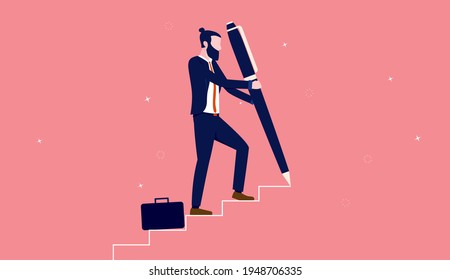 Create your own career path   success    Entrepreneur walking up stairs while drawing and pen  Personal development concept  Vector illustration 