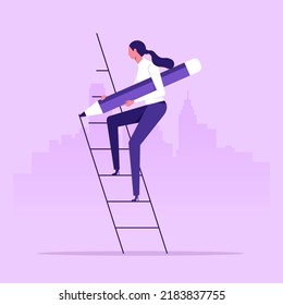 Create your own career path   success    Entrepreneur walking up stairs while drawing and pencil  Personal development concept  Vector illustration