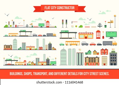 Create your own city - flat constructor kit. Huge collection of infographic vector elements. Set of buildings, shops, transport and different details for street scenes, app and game design