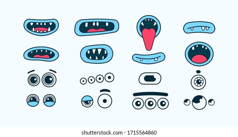 Create your own Creature. Funny monster mouths and eyes. Hand drawn isolated Vector set. Different Face expressions. Smile with teeth, sticking out tongue, screaming. Cartoon style. Simple flat design