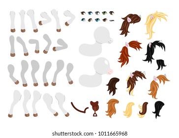 Create your own cute little pony. Different types of mane, tails, eyes and other elements. Vector illustration isolated on white background.