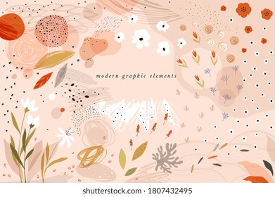 Create your own design with these graphic items. Trendy geometric forms, textures, strokes, abstract and floral decor elements. Vector illustration.