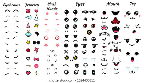 Create your own emoticon constructor. Kawaii faces. Emoji. Avatar Character creation set. Cartoon flat style. Vector illustration.
