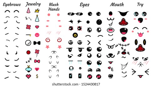 Create your own emoticon constructor. Kawaii faces. Emoji. Avatar Character creation set. Cartoon flat style. Vector illustration.