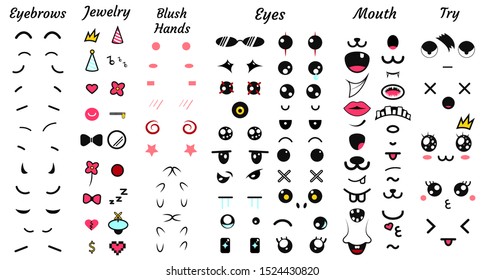 Create your own emoticon constructor. Kawaii faces. Emoji. Avatar Character creation set. Cartoon flat style. Vector illustration.