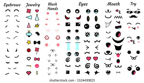 Create your own emoticon constructor. Kawaii faces. Emoji. Avatar Character creation set. Cartoon flat style. Vector illustration.