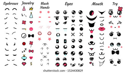Create your own emoticon constructor. Kawaii faces. Emoji. Avatar Character creation set. Cartoon flat style. Vector illustration.