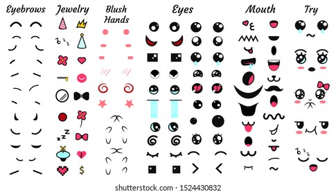 Create your own emoticon constructor. Kawaii faces. Emoji. Avatar Character creation set. Cartoon flat style. Vector illustration.
