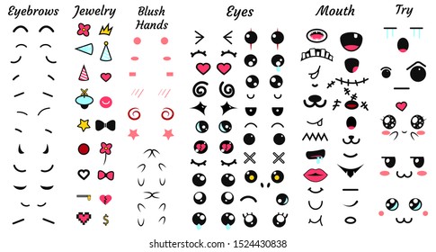 Create your own emoticon constructor. Kawaii faces. Emoji. Avatar Character creation set. Cartoon flat style. Vector illustration.