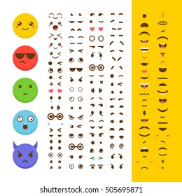 Create your own emoticon. Kawaii faces. Emoji. Avatar. Character creation set. Cartoon flat style. Vector illustration