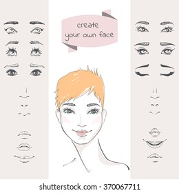Create your own face. The set of elements of a woman's face: eyes, eyebrows, noses, lips. Beautiful young woman with short red hair. Hand-drawn vector illustration. Female Avatar, userpic, art.
