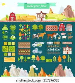 Create your own farm. Big set of design elements in modern flat style. Vector illustration