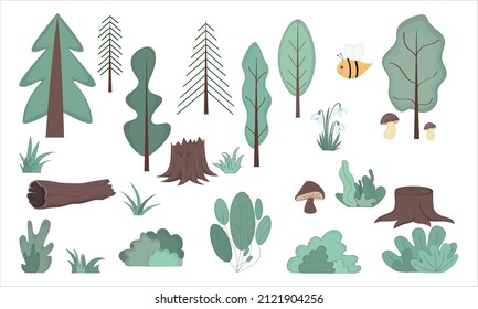 Create your own forest. Collection of vector elements. Set of trees, bushes, flowers and plants.
Hand drawn vector illustration.