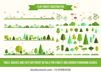 Create Your Own Forest - Flat Constructor Kit. Huge Collection Of Infographic Vector Elements. Set Of Trees, Bushes, Florals And Cute Details For Nature Landscape Panorama Scenes, App And Game Design