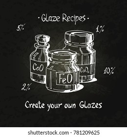 Create your own glazes, glaze recipies, chalk on a blackboard. Pottery and ceramics. Ingredients for mixing in cans, oxides and chemical elements. Hand drawn vector illustration.