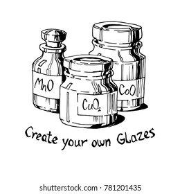Create your own glazes. Pottery and ceramics. Ingredients for mixing in cans, oxides and chemical elements. Hand drawn vector illustration, isolated.