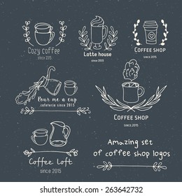 Create your own hand drawn coffee shop unique logo.Doodle vintage stylish signs.