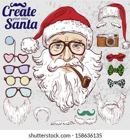 Create your own hipster Santa in color, vector illustration hand drawn on vintage background, hipster design elements, Xmas card