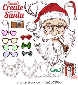 Create your own hipster santa set hand drawn isolated. Vector illustration in vintage style include: Santa head, hat, bow, glasses, mustache, horns, gift, camera. Colorful funny image.