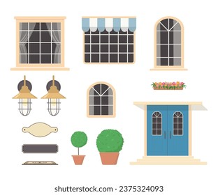 Create your own home. Constructor of house elements from blue doors, windows, lanterns, plants, signs. On white background.  Exterior concept for house. Vector illustration. Cartoon flat style 