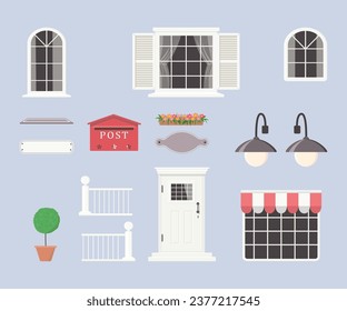 Create your own home. Constructor of house elements from white door, windows, lanterns, plants, signs. On white background.  Exterior concept for house. Vector illustration. Cartoon flat style 