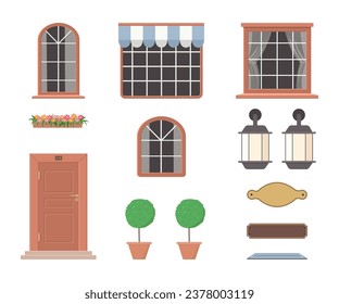 Create your own home. Constructor of house elements from brown doors, windows, lanterns, plants, signs. On white background.  Exterior concept for house. Vector illustration. Cartoon flat style 
