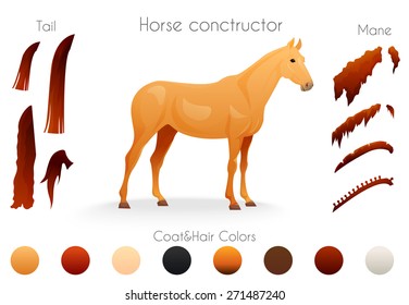 Create your own horse design with horse constructor. Different types of mane, tails and coat colors. Vector illustration