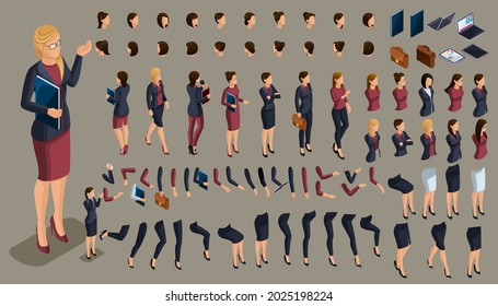 Create your own isometric office worker 3D business lady. Create person who walks around or sits for vector illustrations.