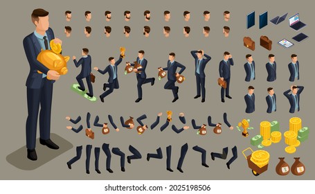 Create your own isometric office worker 3D businessman. isometric Set of gestures of hands and feet of men. Character walks around or sits for vector illustrations.
