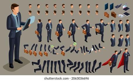 Create your own isometric office worker. 3D businessman. isometric Set of gestures of hands and feet of men. Character walks around or sits for vector illustrations.