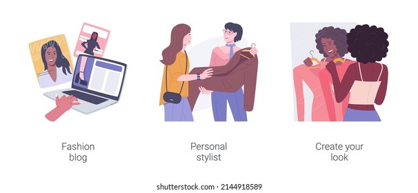 Create your own look isolated cartoon vector illustrations set. Girl with laptop researching trends, read fashion blog, hire personal stylist, visit shopping mall, trying on clothes vector cartoon.