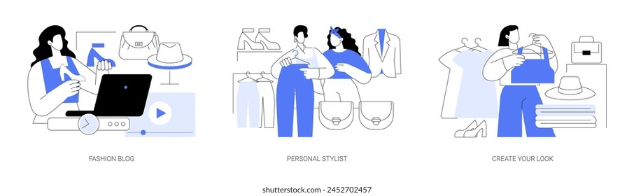 Create your own look isolated cartoon vector illustrations set. Girl with laptop researching trends, read fashion blog, hire personal stylist, visit shopping mall, trying on clothes vector cartoon.