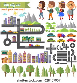Create your own map! Tourist with map, car, road, building. Vector flat set.