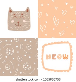 Create your own pajamas vector illustration set. Cute cat with lettering meow for print and two different abstract patterns for cozy clothes design