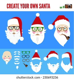 Create your own santa. Merry Christmas set with santa claus. modern flat design Vector illustration