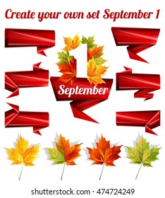 Create your own set of September 1, a set of autumn leaves, red tape, paper tape decoration pattern. Vector illustration.