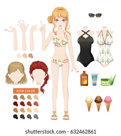 Create your own trendy girl avatar for summer.There's different swimsuit,hair style and stuff. high quality with vector file. 