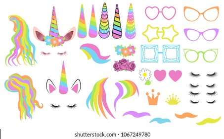 Create your own unicorn - big vector collection. Unicorn constructor. Cute unicorn face. Unicorn details - Horhs, eyelashes, ears, hairstyles, flowers, crowns, glasses bows Vector illustration