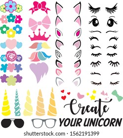 Create your own unicorn-horns, eyelashes, ears, hairstyles, flowers, crowns, glasses,bows vector illustration isolated on white background.Big unicorn bundle