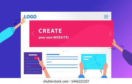 Create your own website flat vector neon design for web banner. Gradient illustration of human hands placing banners and buttoms and developing corporate website or online shop on violet background