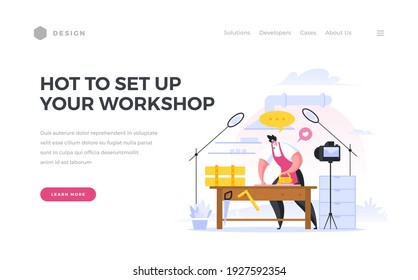 Create your own workshop life hack home page banner. Male character broadcasting online from his carpentry workshop working with wood and metal. Valuable web tips from professional vector template.
