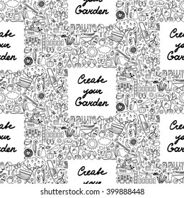 Create your paper seamless pattern. Seamless pattern of frame with hand drawn garden elements. Wallpaper with garden elements. Coloring page. Wrapping paper. Garden seamless pattern