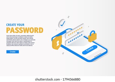 Create Your Password Online Through Smartphone. Website template. Landing Page. Application Concept.