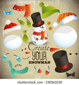 Create your snowman. Set of hand-drawn elements for collage snowman. Vector greeting card