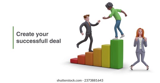 Create your successful deal. Men extend their hands for handshake. Woman rejoices in success. Achievement of goal, new contract. Vector concept in cartoon style