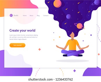 Create your world. Web banner design template. Girl floating in the air in a lotus position. In her hair the whole universe. Flat vector illustration.